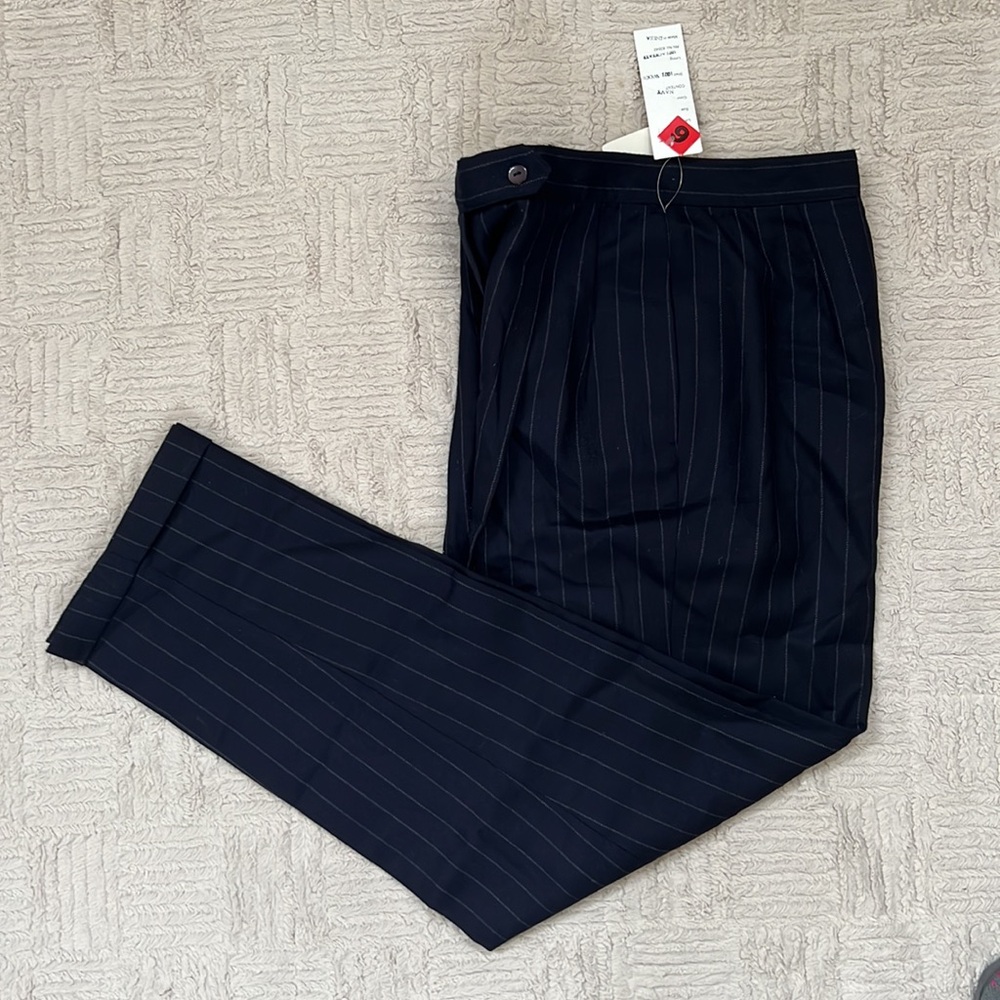 Geoffrey Beene 100% wool pants, navy stripe high waisted pleated trousers,6 New!